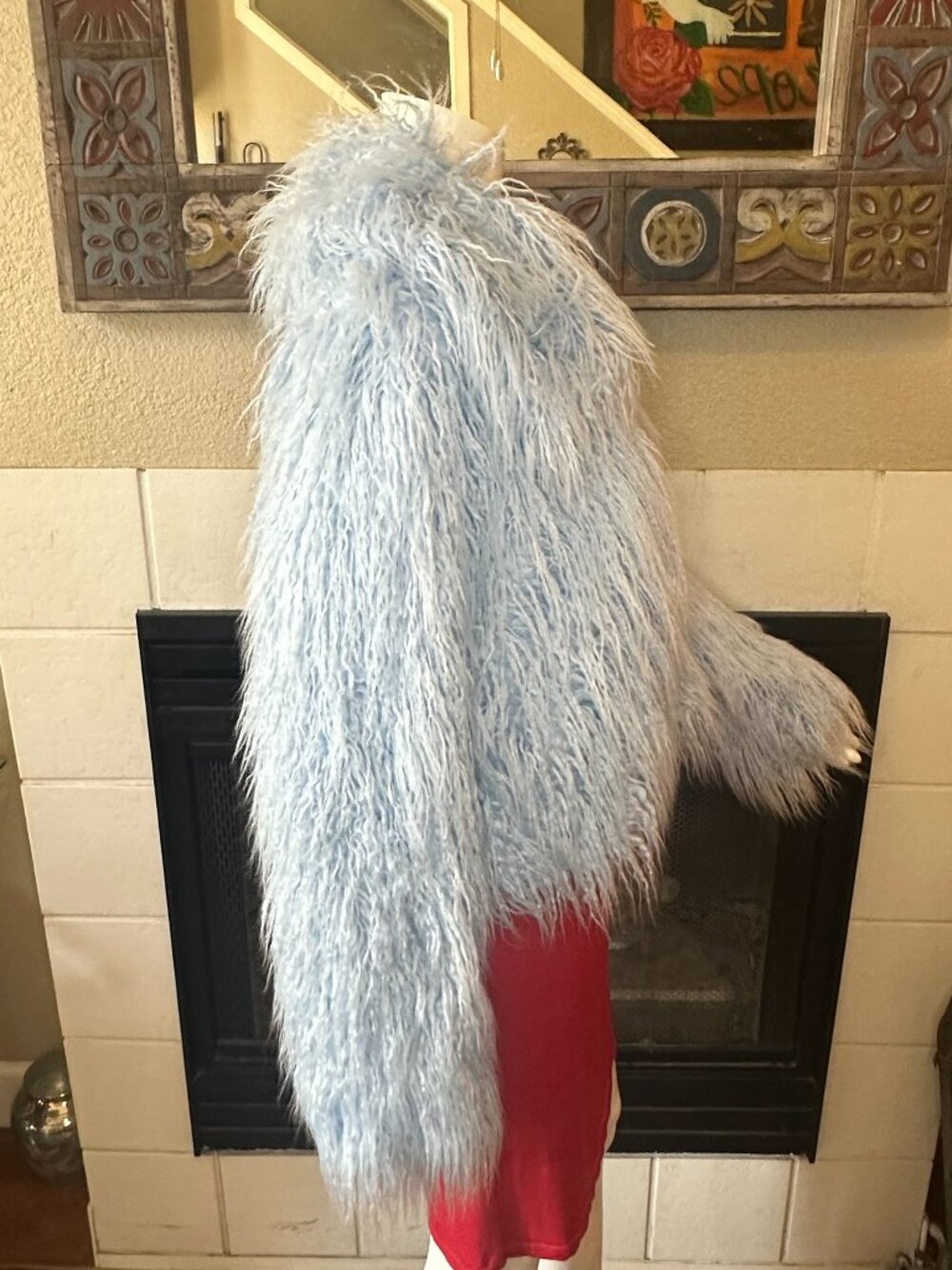VTG FOREVER21 Blue Long Hair Faux Fur open Jacket Large Long Sleeve Collared - Picture 11 of 16